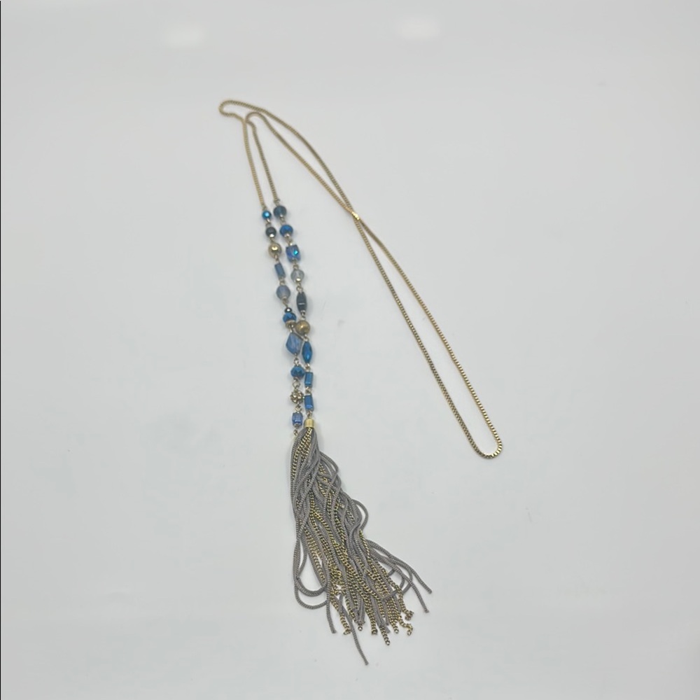 Beautiful Blue Beaded and Gold Tassel Necklace